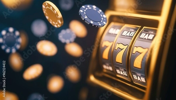 Obraz 3D rendering of a golden slot machine with a 7 symbol and casino chips flying around on a dark background. online gambling, real money hover element.