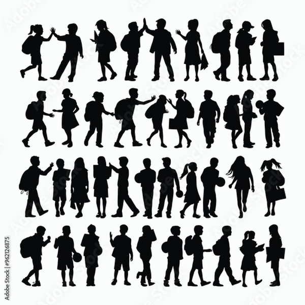 Fototapeta Vector silhouette of school kids back to school illustration template