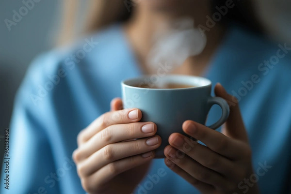 Obraz Close-up of woman's hands holding a steaming cup of coffee or tea.  Soft focus on her face.  Warm and comforting.