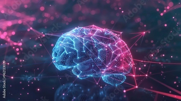 Fototapeta A glowing 3D digital rendering of a human brain with pink and blue lines emanating from it.
