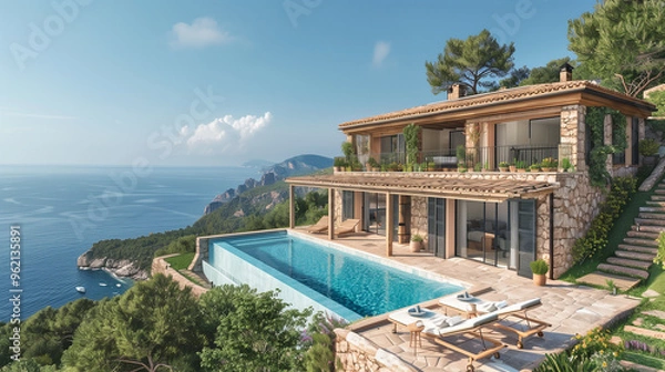 Fototapeta Traditional mediterranean Finca house with pool on hill with stunning sea view Summer vacation holiday background