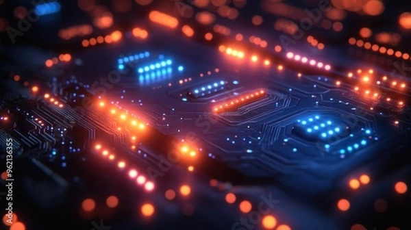 Obraz A computer chip with blue and orange lights