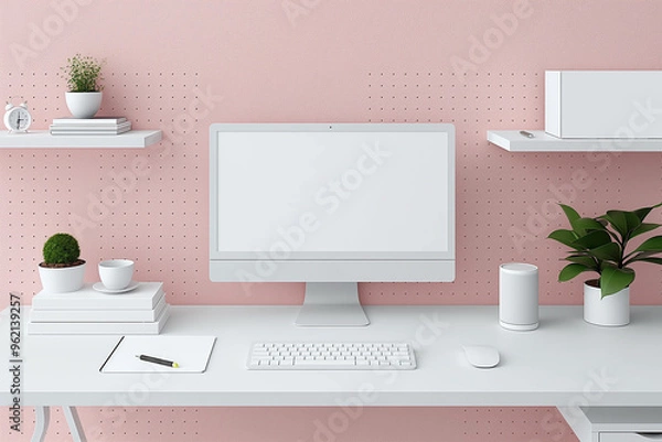 Fototapeta A blank desktop computer screen in a clean office environment, ideal for web mockups and design projects