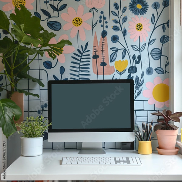 Fototapeta A blank desktop computer screen in a clean office environment, ideal for web mockups and design projects