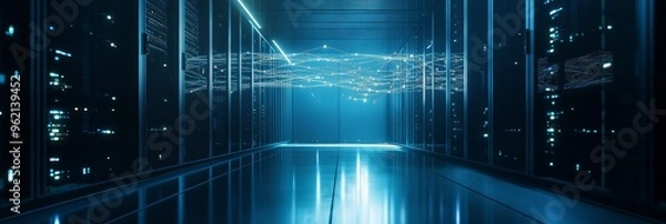 Fototapeta Glowing blue data connections streaming through a narrow server room. Futuristic digital infrastructure and network security.