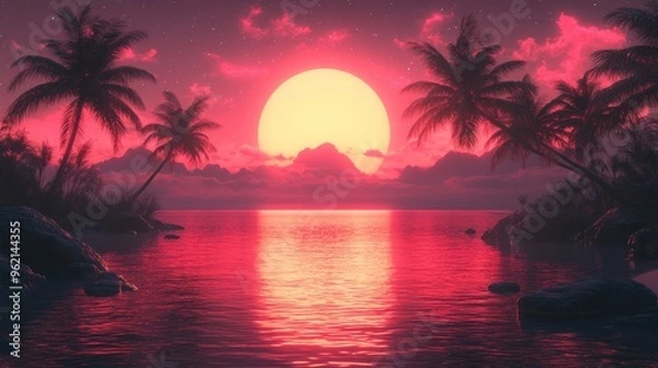 Fototapeta A beautiful sunset over the ocean with palm trees in the background.