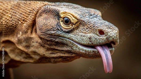Fototapeta A close up of a large lizard with its tongue out, AI