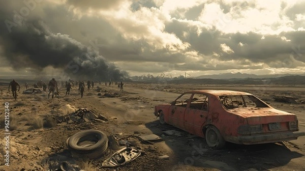 Obraz Zombie Apocalypse Scene, post-apocalyptic, wasteland, survivors, undead