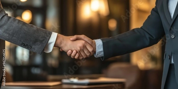 Fototapeta Two individuals in a business setting are shaking hands, representing cooperation, partnership, and mutual agreement.