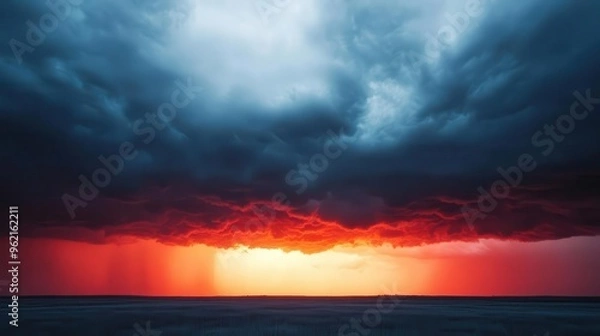 Fototapeta Sun setting behind a line of thunderstorms on the horizon, dramatic weather, contrast of light and dark