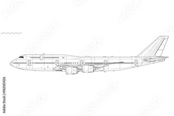Fototapeta Boeing 747-8. Vector drawing of long-range, wide-body passenger jet airliner. Side view. Image for illustration and infographics.