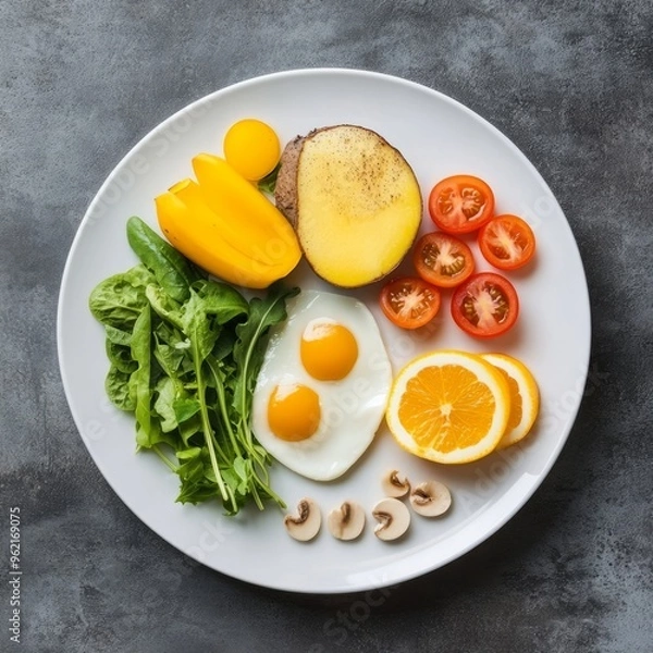 Fototapeta Healthy breakfast of eggs, vegetables, and fruit on a white plate.