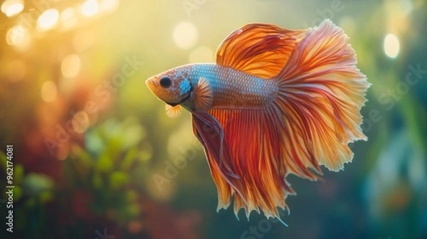 Fototapeta Detailed shot of a Betta fish with elaborate fins and vivid hues, showcasing its intricate patterns and elegant movement in a crystal-clear tank.