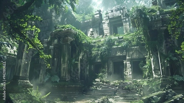 Fototapeta Ancient Ruins Overgrown by Jungle Foliage