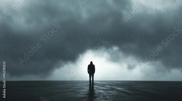 Fototapeta A solitary figure standing on a rain-soaked street, shadowed by dark clouds, with a single beam of light breaking through, symbolizing hope amidst depression