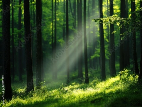 Fototapeta Bright morning light streaming through a forest, symbolizing the promise of a new day