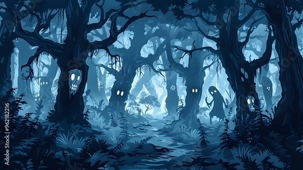 Fototapeta Nightmarish illustration of a haunted forest with ghostly apparitions and dark shadows