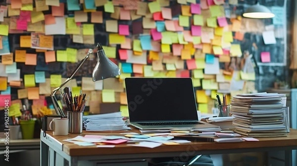 Fototapeta A busy office desk completely covered in a variety of post-it notes with a laptop computer and a stack of documents. 