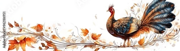 Fototapeta Colorful turkey surrounded by autumn leaves, perfect for Thanksgiving celebrations and fall-themed decorations.