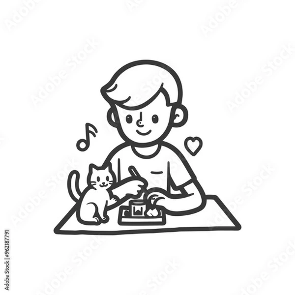 Fototapeta Boy Sitting at Table with Cat and Music Note