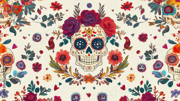 Fototapeta Colorful artistic skull with floral decorations, inspired by Dia de los Muertos, showcasing intricate designs and vibrant patterns.