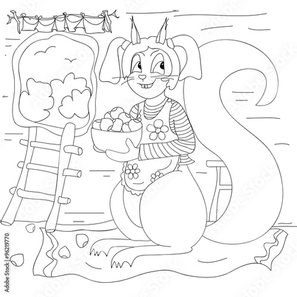 Fototapeta Squirrel with a bowl full of nuts, black outline