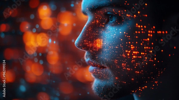 Fototapeta Double exposure of a businessman interacting with a cyber security hologram