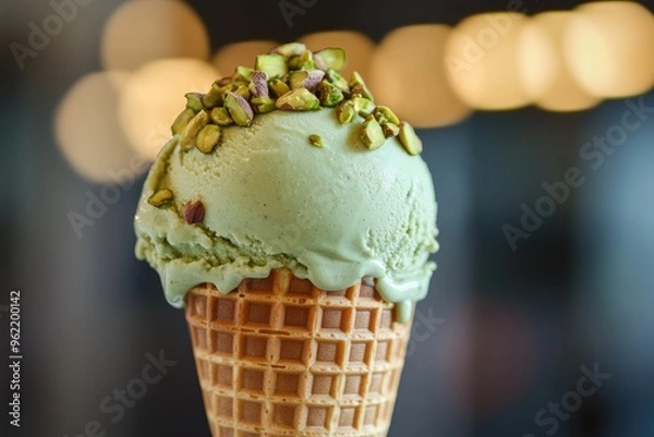 Fototapeta A scoop of pistachio gelato in a waffle cone, topped with chopped pistachios