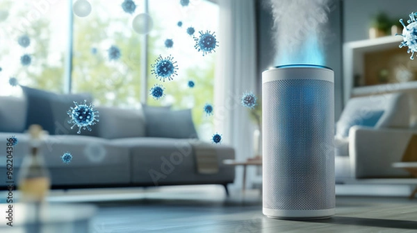 Fototapeta Air Purifier Operates in a Modern Living Room Clearing Pollutants