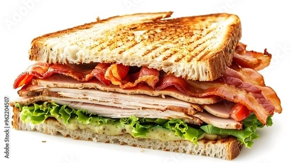 Fototapeta Classic club sandwich piled with turkey, lettuce, tomato, and bacon, presented between slices of golden toasted bread.

