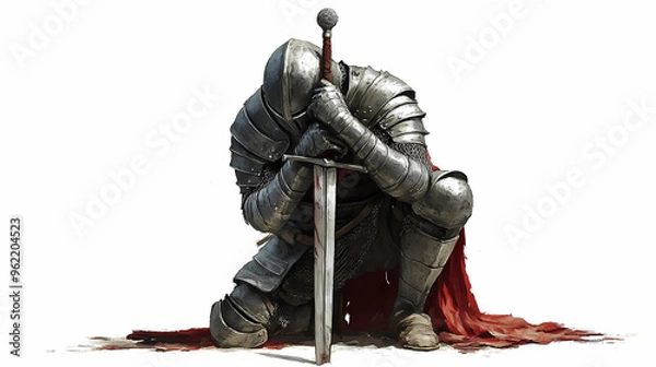Fototapeta Illustration of a medieval knight kneeling in prayer with a sword, realistic on a white background. Knight. Illustration