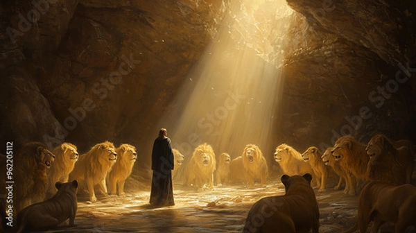 Obraz Daniel Stands in the Lion's Den Surrounded by Fierce Lions