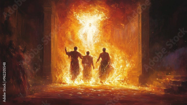 Obraz The Fiery Furnace With Shadrach, Meshach, and Abednego Amidst Flames