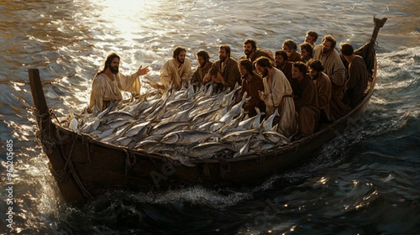Obraz The Miraculous Catch of Fish With Jesus and His Disciples at Sea