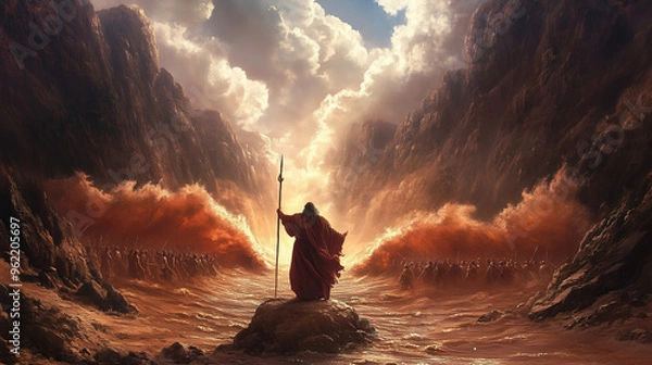 Obraz Moses Stands at the Parted Red Sea Leading the Israelites to Freedom