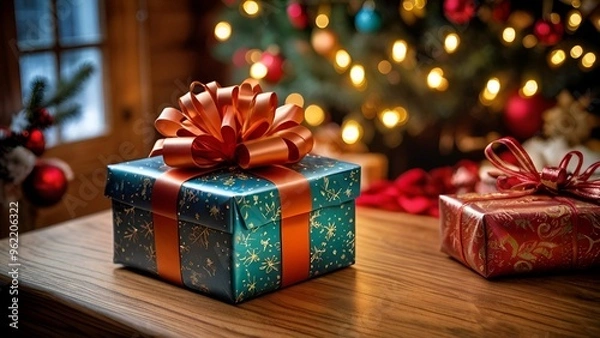 Fototapeta Celebrating Christmas with a present in a warm countryside wooden cabin with Christmas tree and decoration.