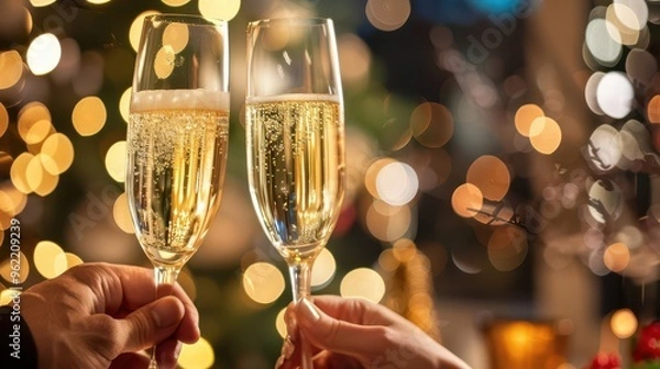 Fototapeta intimate new years eve toast crystal champagne flutes clinking in foreground blurred festive lights and smiling faces in background