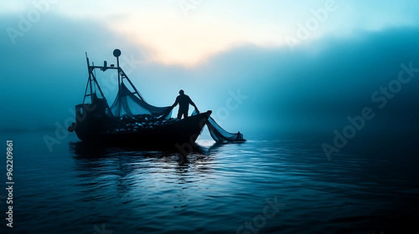 Fototapeta Silhouette of a fisherman hauling in a net on a fishing boat at dawn