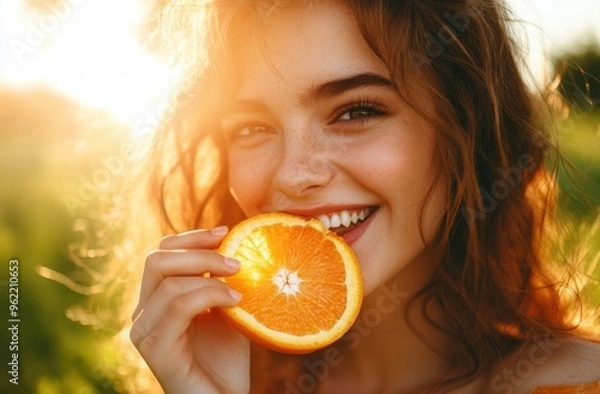 Fototapeta Portrait of a happy woman eating an orange slice in a summer nature setting, close up. A beautiful girl is smiling and holding the fruit with a bright smile at sunset on a sunny day.