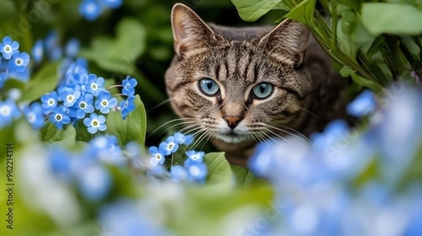Fototapeta Cat on forget-me-not blue flowers and green background. Forget-me-not flower with green leaves near cat.