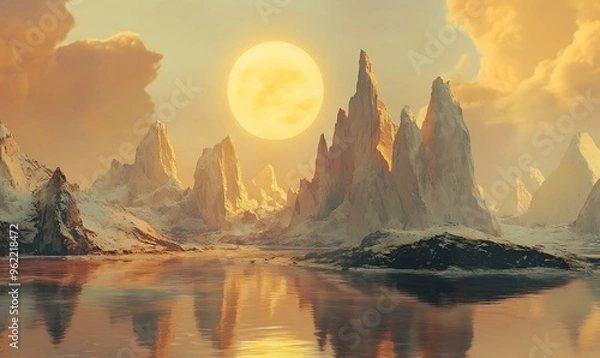 Fototapeta A large, glowing orb hangs above a mountain range and a still lake