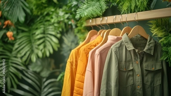 Obraz sustainable fashion event, fashionable sustainable attire hanging amid nature, promoting a clothing swap event with eco-friendly designs, stylishly showcased