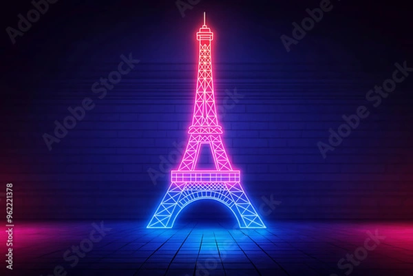 Fototapeta Eiffel tower in neon light on brick background