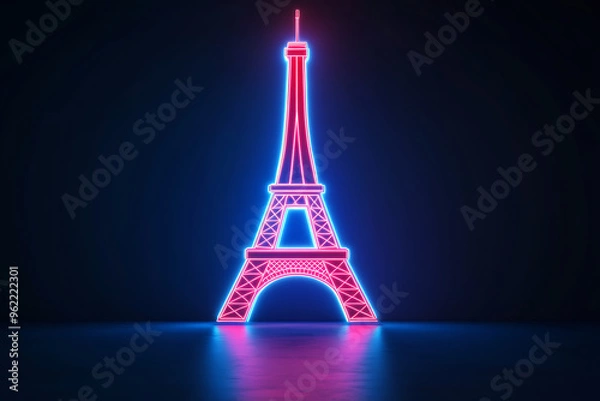 Fototapeta Eiffel tower in neon light on brick background