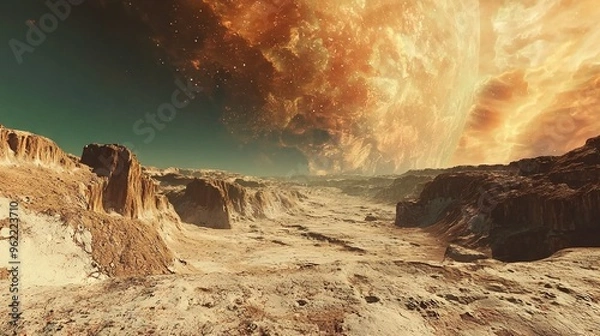 Fototapeta   An artist's depiction of rugged terrain featuring a faraway celestial body above and another celestial body beyond the horizon