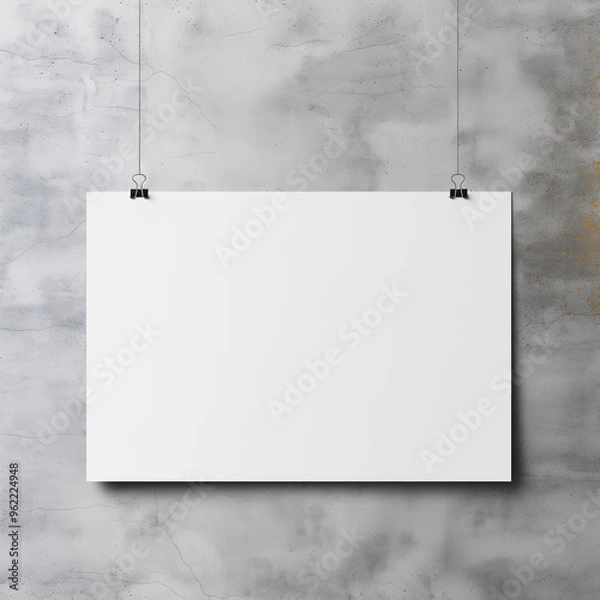 Obraz Mockup of a 3x2 unframed horizontal poster on concrete wall background. Artwork, art print, wall art mockup. Blank sheet of paper with copy space, minimalist, simple.
