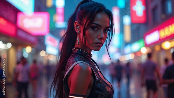 Fototapeta Incredibly beautiful girl in cyberpunk style with Japanese signs on the background. Neon style