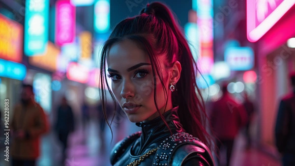 Fototapeta Incredibly beautiful girl in cyberpunk style with Japanese signs on the background. Neon style