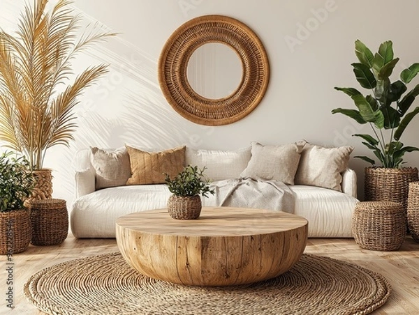 Fototapeta Rustic Living Room with Wicker Accents Wooden Coffee Table A Warm Inviting Atmosphere