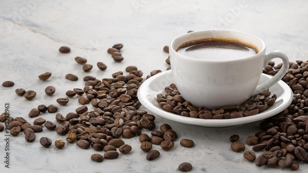 Fototapeta Cup of Coffee on a Saucer with Spilled Coffee Beans on a Marble Counter